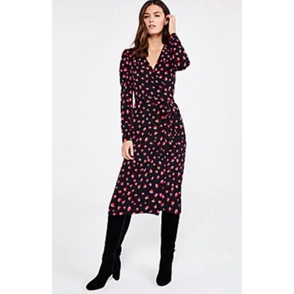 Ann Taylor Wrap Dress 10P Red Pink Black Hearts Career Washable NEW - Picture 1 of 11